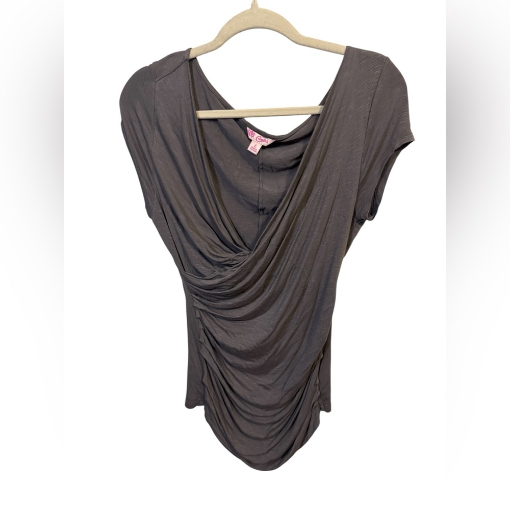 Candies Y2K Style Charcoal Drape Neck Short Sleeve Ruched Blouse Size L